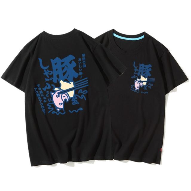 큐트 하라쥬크 풍취 문자 돼지돼지 플라워 프린트 순면 여름 반팔 와이드 빅사이즈 BF 무드 남녀