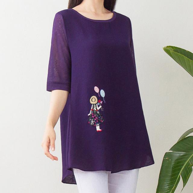 차차퀸 마담 자수 빅사이즈 블라우스 마담 엄마옷 중년 여성의류 미시 여성 여자 봄 여름 칠부 롱 티셔츠 린넨느낌 A라인 중년여성옷 국내제작 국산 시원한 찰랑거리는 50대 60대