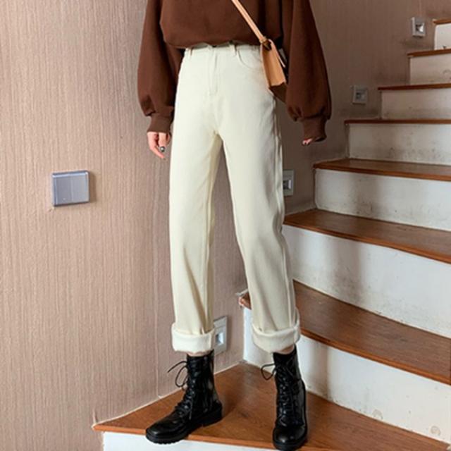 goodandgood 와이드 하이웨이스트 진에 기모 화이트 스트레이트 팬츠로 슬림해 보이는 여성복 바지 노친바지에 입을 것