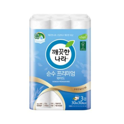 깨끗한나라 3겹 데코 순수 프리미엄 와이드 천연펄프 롤화장지 30m, 30롤, 1개