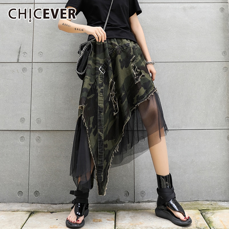 Chicever 여름 메쉬 패치 워크 원근감 여성용 하이 웨스트 스커트 밑단 비대칭 여성 스커트 2019 fashion new casual