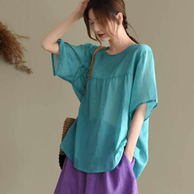 DIPYLON 미시여성 기본 반팔티 정원의 미의 여름 빈티지 얇은 100수 세모시 콤비 상의 리본