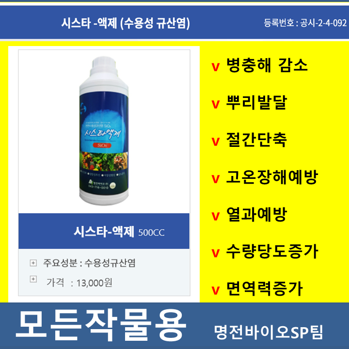 시스타액제500cc 모든작물 면역력강화 고온장해예방 광합성활성화 절간단축 도장억제 도복방지 뿌리발달 병충해예방 모두싹 높이는 명전바이오 스마트농업 시스타농법 수용성규산염 Sio3 드론방제가능 식물영양제