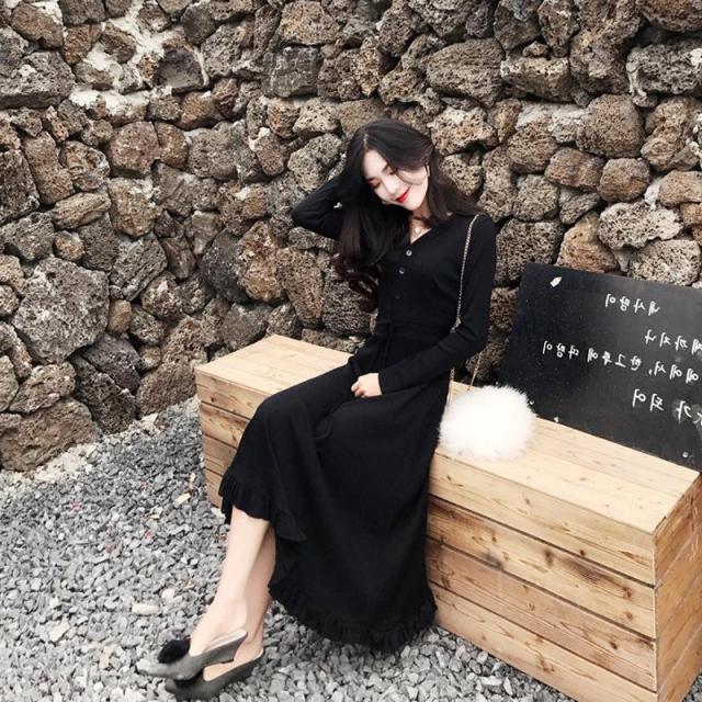 빅피플 SA2060 여성 니트원피스 브이넥 긴팔 롱원피스