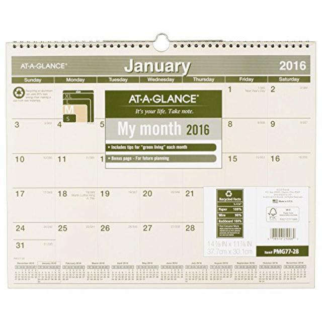 AT-A-GLANCE Monthly Wall Calendar 2016 Recycled 14-7/8 x 11-7/8 Inches (PMG77-28) AT-A-GLANCE 월별 달, 1