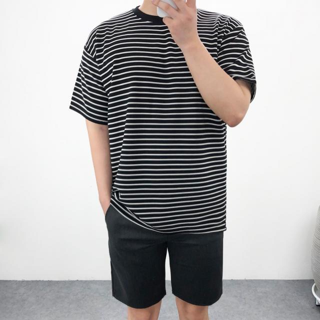 엠클로 남자 오버핏 구김방지 링클프리 스트라이프 쿨링 분또 스판 단가라 반팔티셔츠 7컬러 반팔 티셔츠