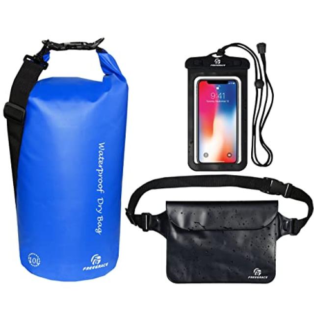 프리 그레이스 방수 드라이 백 3 종 세트-지퍼락 밀폐형 드라이 백 분리형 숄더 스트랩 허리 가방 휴대폰 케이스-수영 카약 급류 래프팅을 위해 (Navy Blue 20L), Navy Blue, 20L