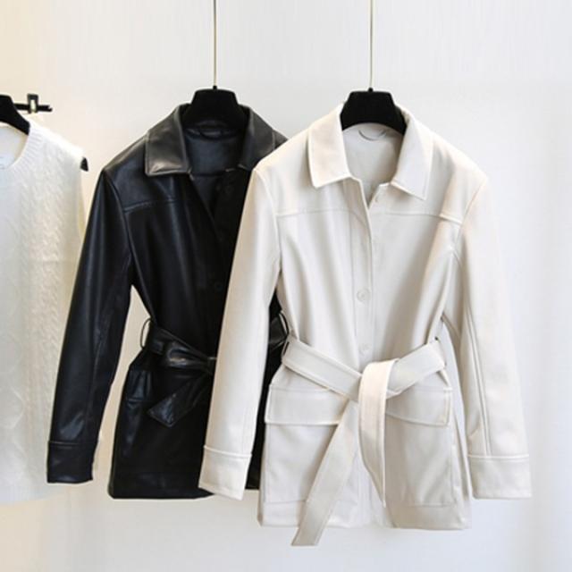 tinimai 가죽 재킷 여 2020 봄가을 한국판 허리 여밈 슬림 하프 벨티드 점퍼 퍼 코트