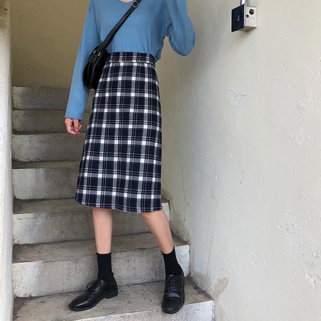 지니네 여성 가을 겨울 캐주얼 하의 스커트 하이웨스트 체크 체크무늬 롱스커트 체크스커트 HJ
