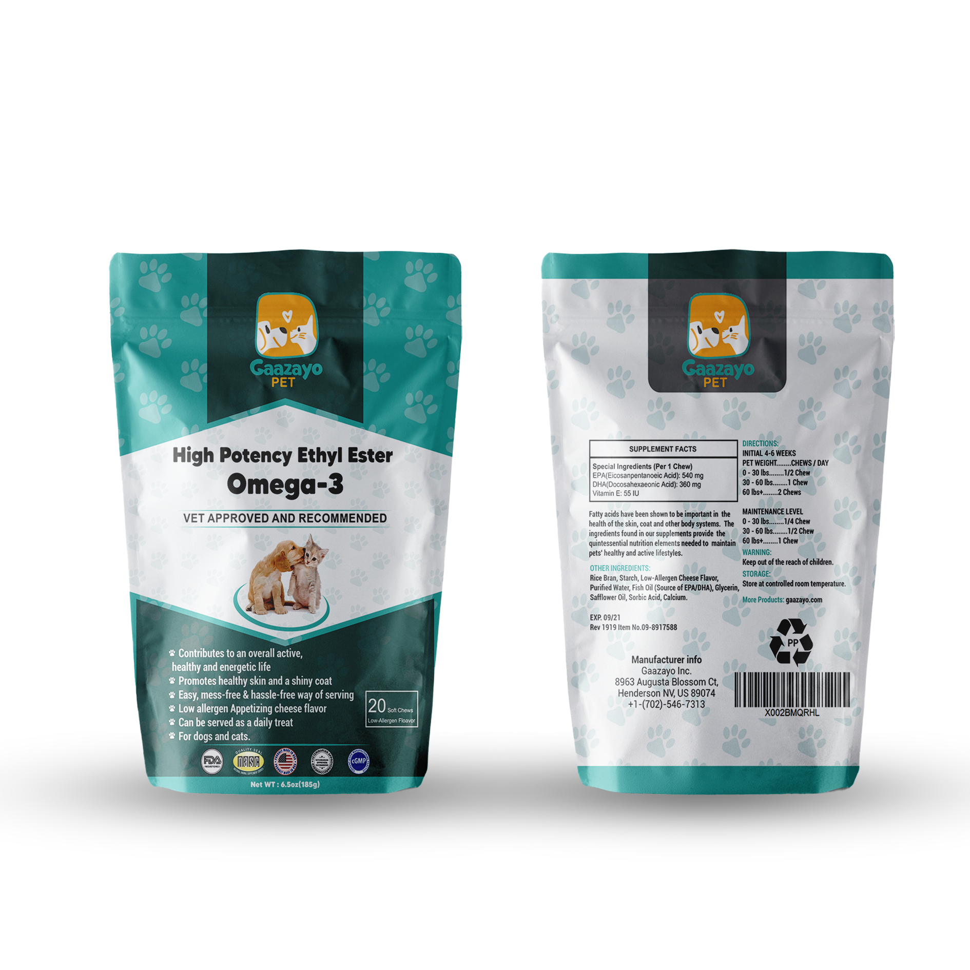 Gaazayo Pet [2+1] 오메가3 지방산 18000mg 소형견 40일치 Omega-3 Soft Chews 반려견 반려묘 가능[미국직구3일배송보장] 미국수의사협회추천&승인, 1개