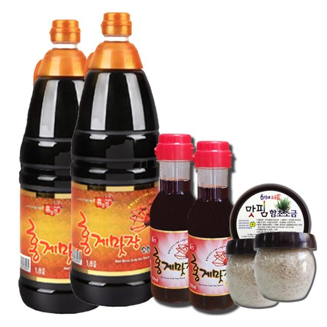 홍일식품 홍게맛장 골드(1.8L 2개)+홍게맛장(200ml 2개)+6형제 함초소금(100g 2개) 캠핑 휴대용 미니 증정