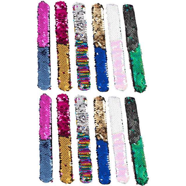 가역적인 세퀸 슬랩 브레이슬릿 12팩 인어 스냅 차르스트밴드 여아용 어소시스트 매직 플립 세킨스 파티 공급품 8인치, 상세페이지 참조