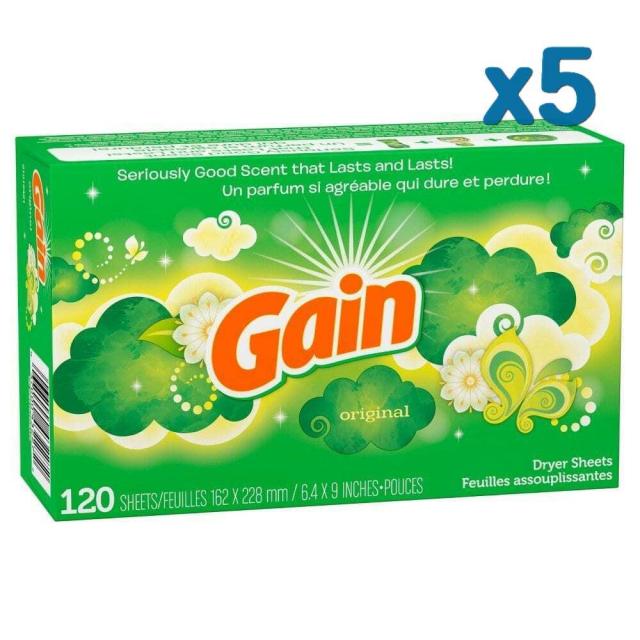 Gain 오리지날 건조기용 유연제 드라이시트 Original Dryer Sheets 120장 5팩, 120장x5팩