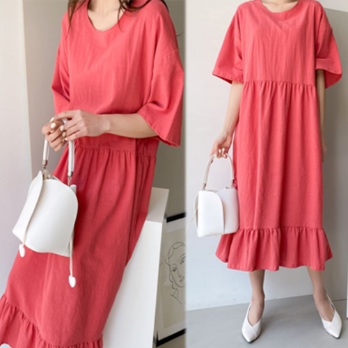 NewCare 봄여름 여성 린넨 반팔원피스 캉캉 롱원피스