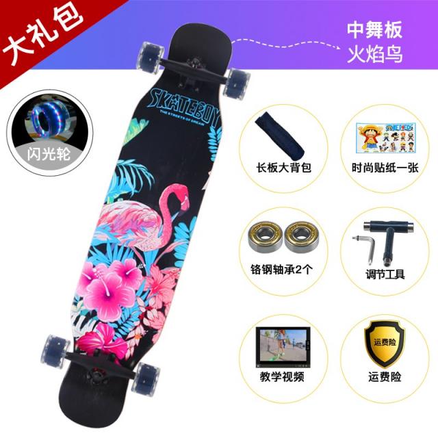 댄싱롱보드 더우인앱 긴판 초보자 성인 남학생 여학생 더블날개 도로 스트릿 스케이트보드 청소년 4륜 킥보드, T10-(중국 무용단)홍학새(반짝반짝)