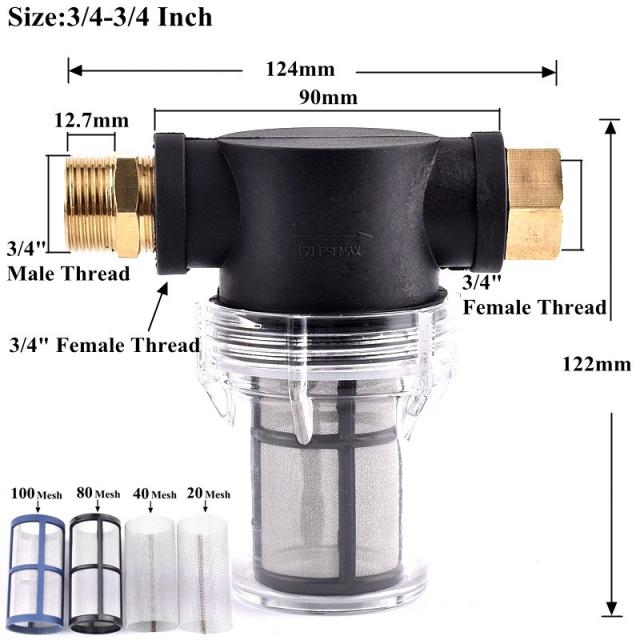 1/2 3/4 인치 정원 물 파이프 필터 압력 와셔 펌프 입구 필터 급수 관개 황동 커넥터 수족관 스트레이너, 05 3I4-3I4 Inch_04 100 Mesh