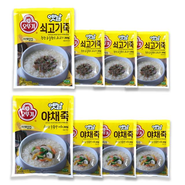 예이니식품 오뚜기 옛날 쇠고기죽+야채죽 각4개씩 세트(8개x85g) 호박팥전복, 85g, 8개