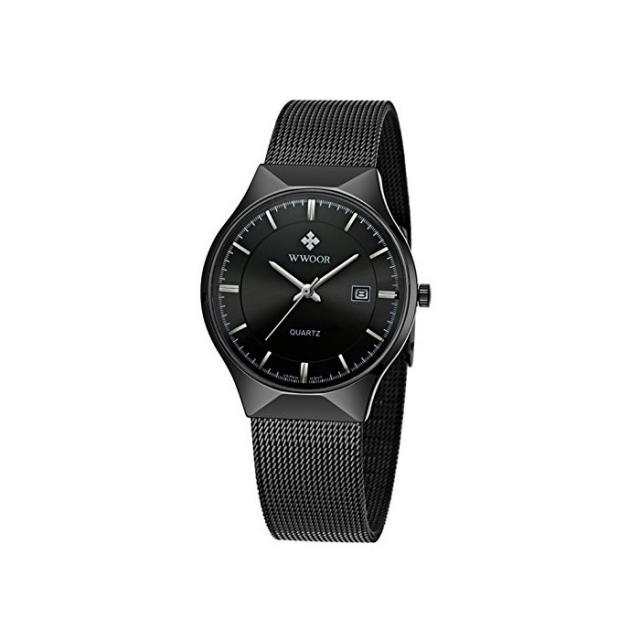 WWOOR 망 아날로그 석 영 시계 울트라 얇은 다이얼 날짜 스테인레스