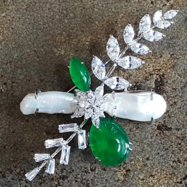 초코젬 담수진주 그린옥브로치(팬던트) 천연진주 옥 나뭇잎 꽃 정장 패션브로치