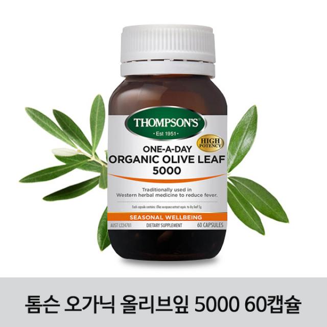 [톰슨] Organic Olive Leaf 5000 유기농 올리브잎 60캡슐 1개/ 신선한 올리브잎만 사용 하루한알!, 90g, 1개