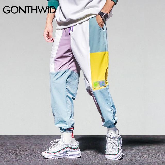  해외 Gonthwid 하라주쿠 Color Block Patchwork 하렘 않죠 Pants 2018 Men 힙 홉 캐주얼 스트리트