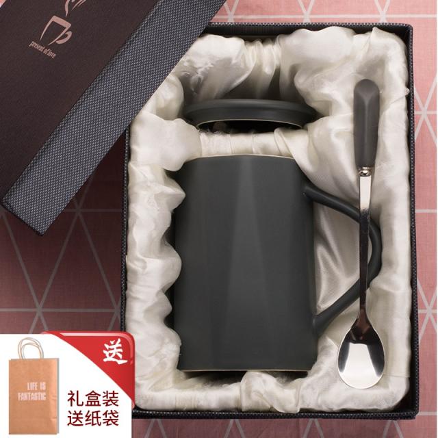 북유럽 머그컵 북경 세라믹 컵 뚜껑 숟가락 대용량 성격 동향 커, 타입18 420ml (선물 상자) 그레이 - 거꾸로 형상 [컵 + 뚜껑 + 스푼 + 선물 상자 + 쇠가위]
